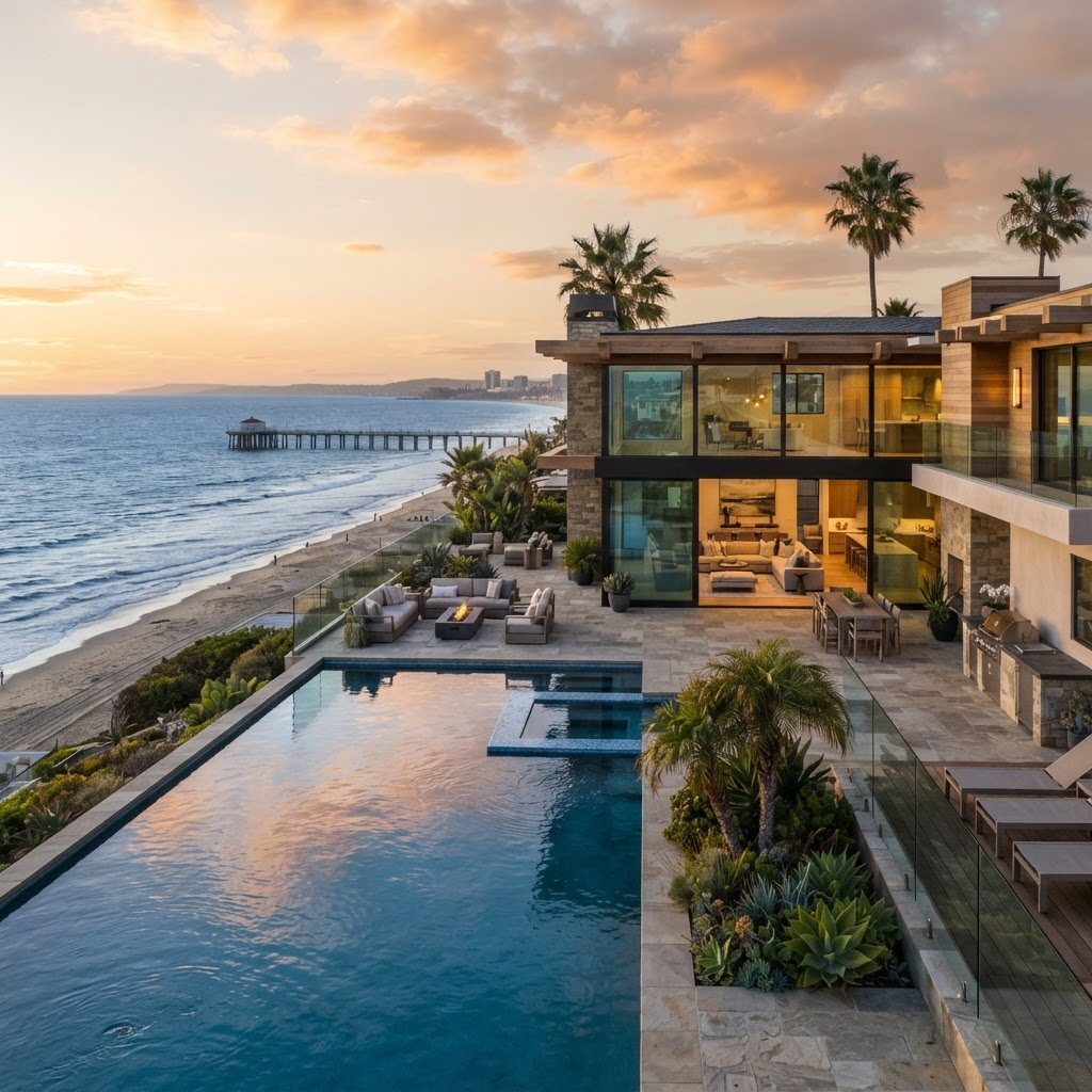 Luxury coastal modern beach house on the California coast at golden hour
