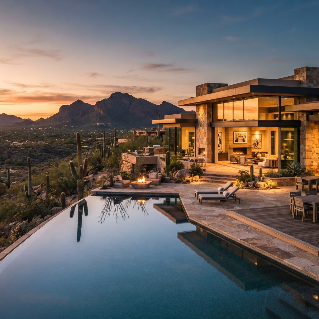 Luxury modern desert villa in Scottsdale, Arizona at golden hour with an infinity pool